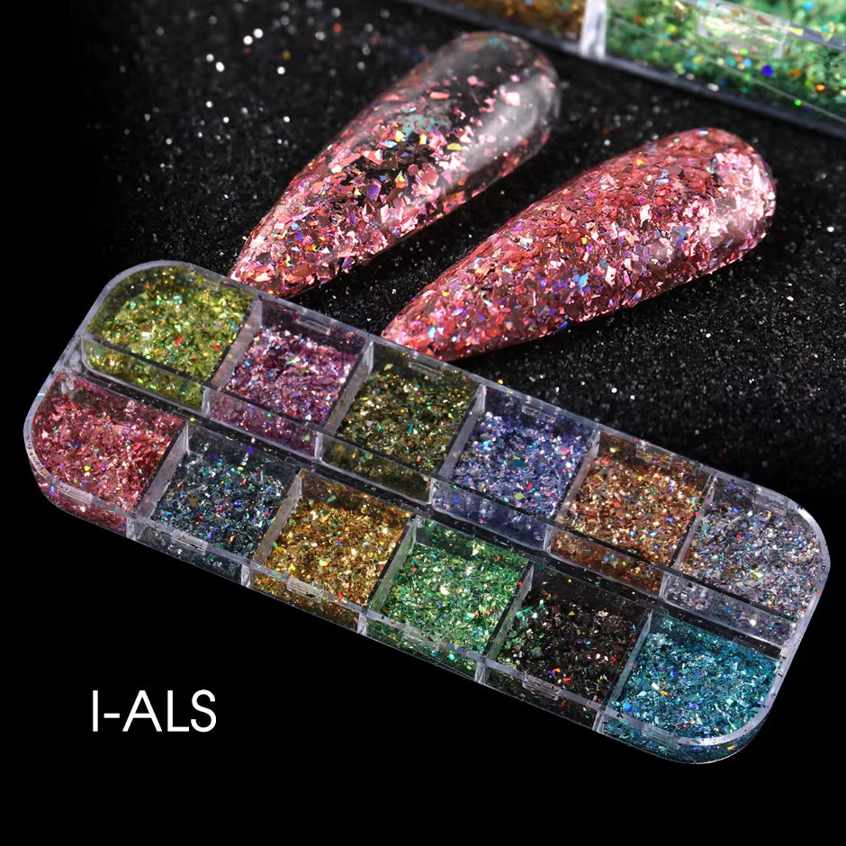 Holographic Powder Set Holo Silver Rub Dust Black Pink Chrome Nail Glitter Powder Laser Pigment for Nail DIY Manicure CHI-360-1