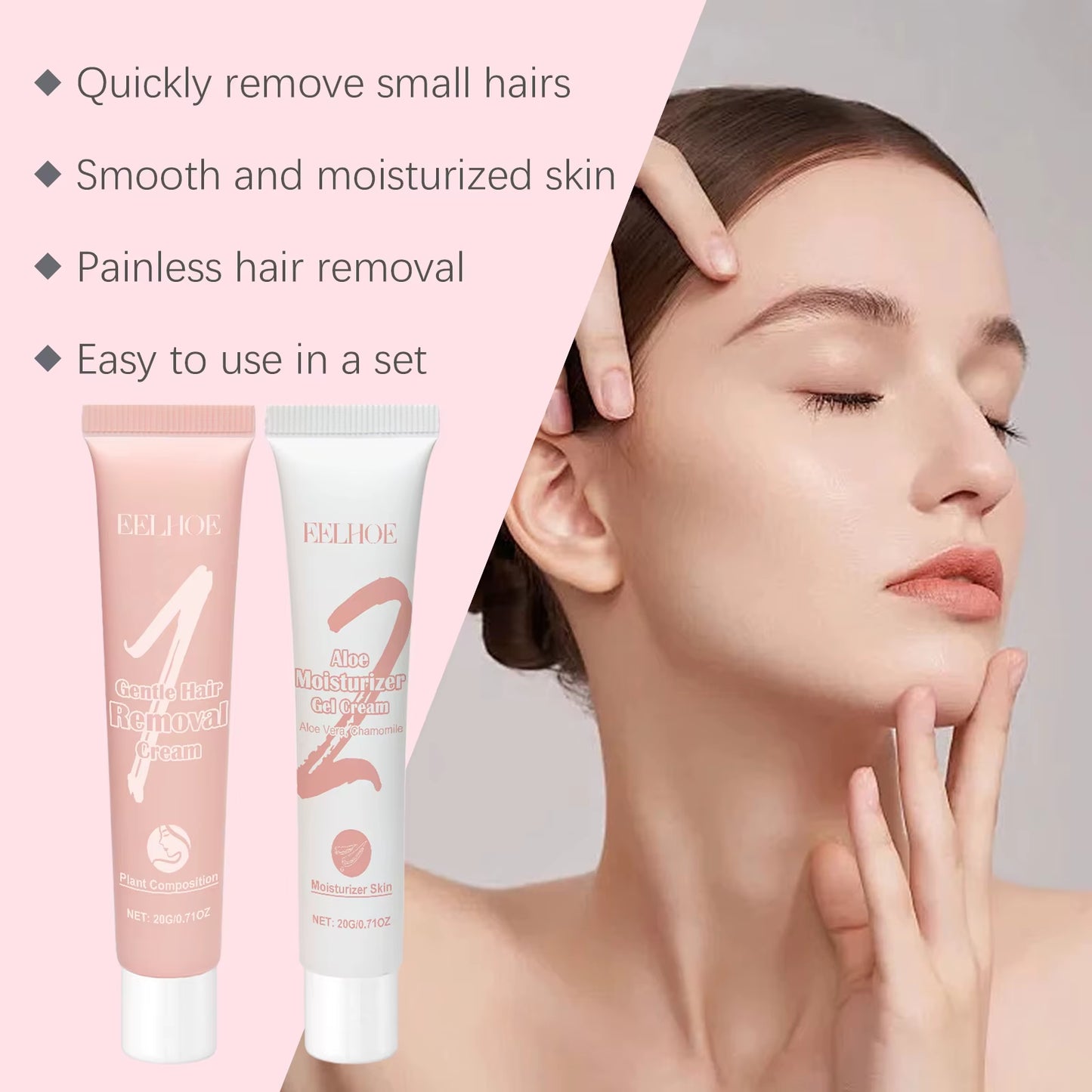 Facial Hair Removal Set - Painless Aloe Gel Cream for Gentle Lip Hair Removal, Soothing and Moisturizing Skin Care with Redness Reduction