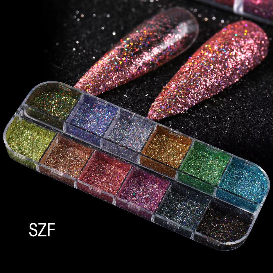 Holographic Powder Set Holo Silver Rub Dust Black Pink Chrome Nail Glitter Powder Laser Pigment for Nail DIY Manicure CHI-360-1