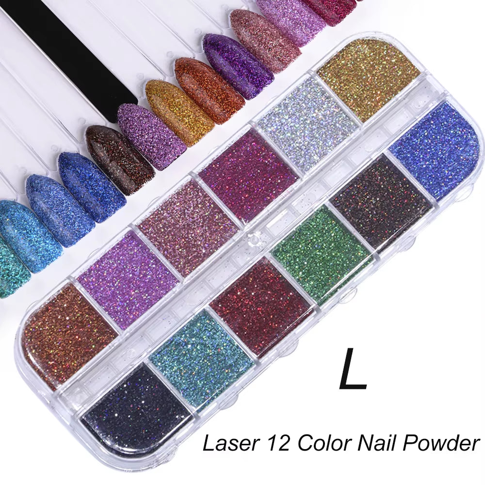 Holographic Powder Set Holo Silver Rub Dust Black Pink Chrome Nail Glitter Powder Laser Pigment for Nail DIY Manicure CHI-360-1
