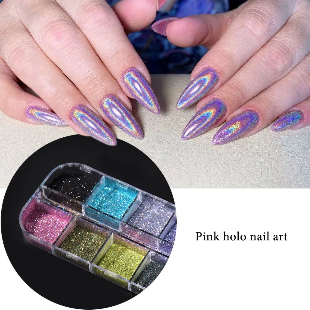 Holographic Powder Set Holo Silver Rub Dust Black Pink Chrome Nail Glitter Powder Laser Pigment for Nail DIY Manicure CHI-360-1