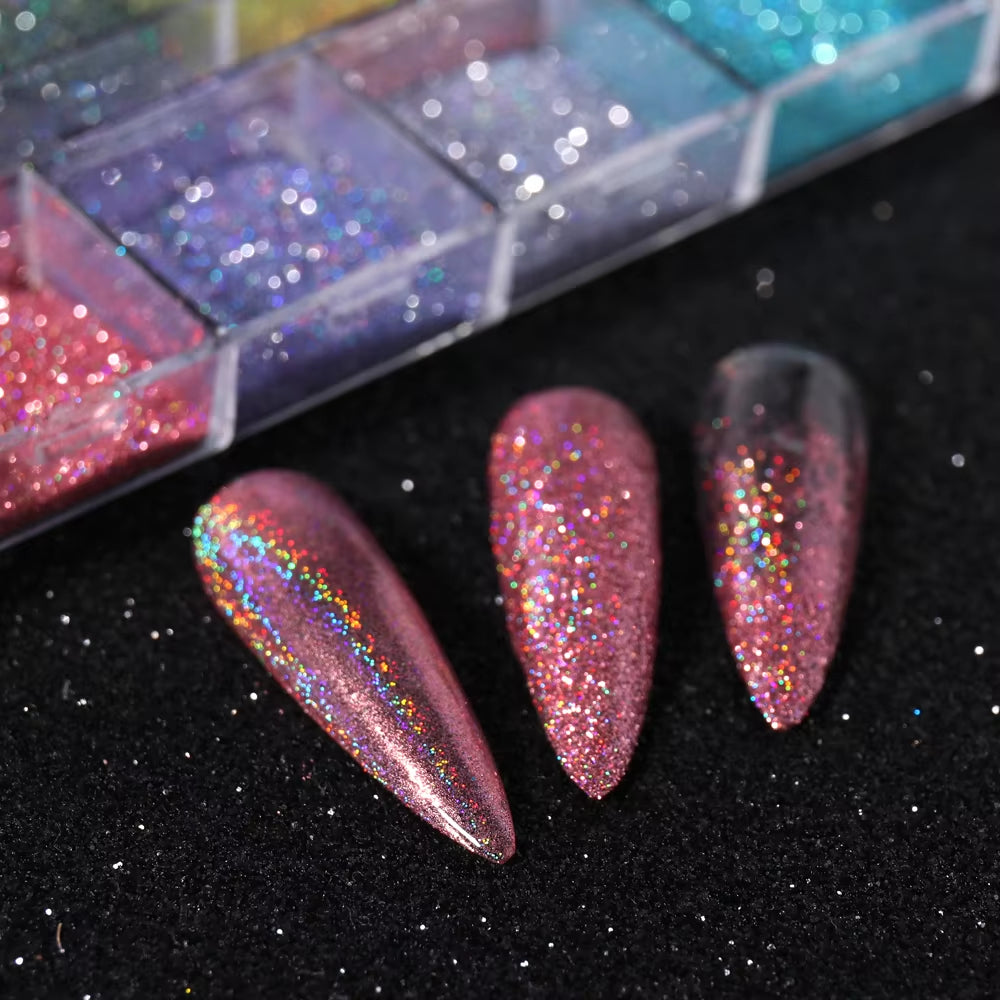 Holographic Powder Set Holo Silver Rub Dust Black Pink Chrome Nail Glitter Powder Laser Pigment for Nail DIY Manicure CHI-360-1