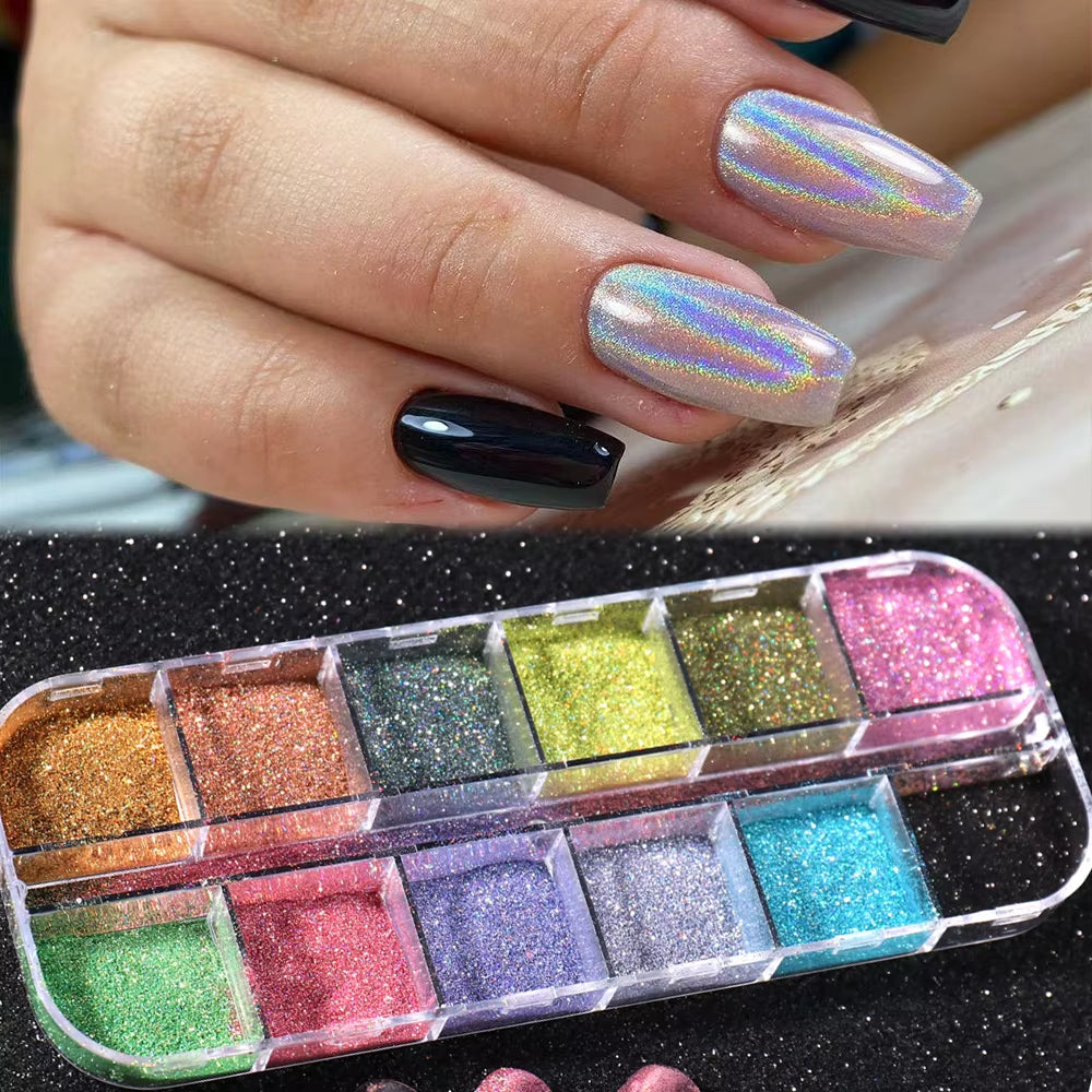 Holographic Powder Set Holo Silver Rub Dust Black Pink Chrome Nail Glitter Powder Laser Pigment for Nail DIY Manicure CHI-360-1
