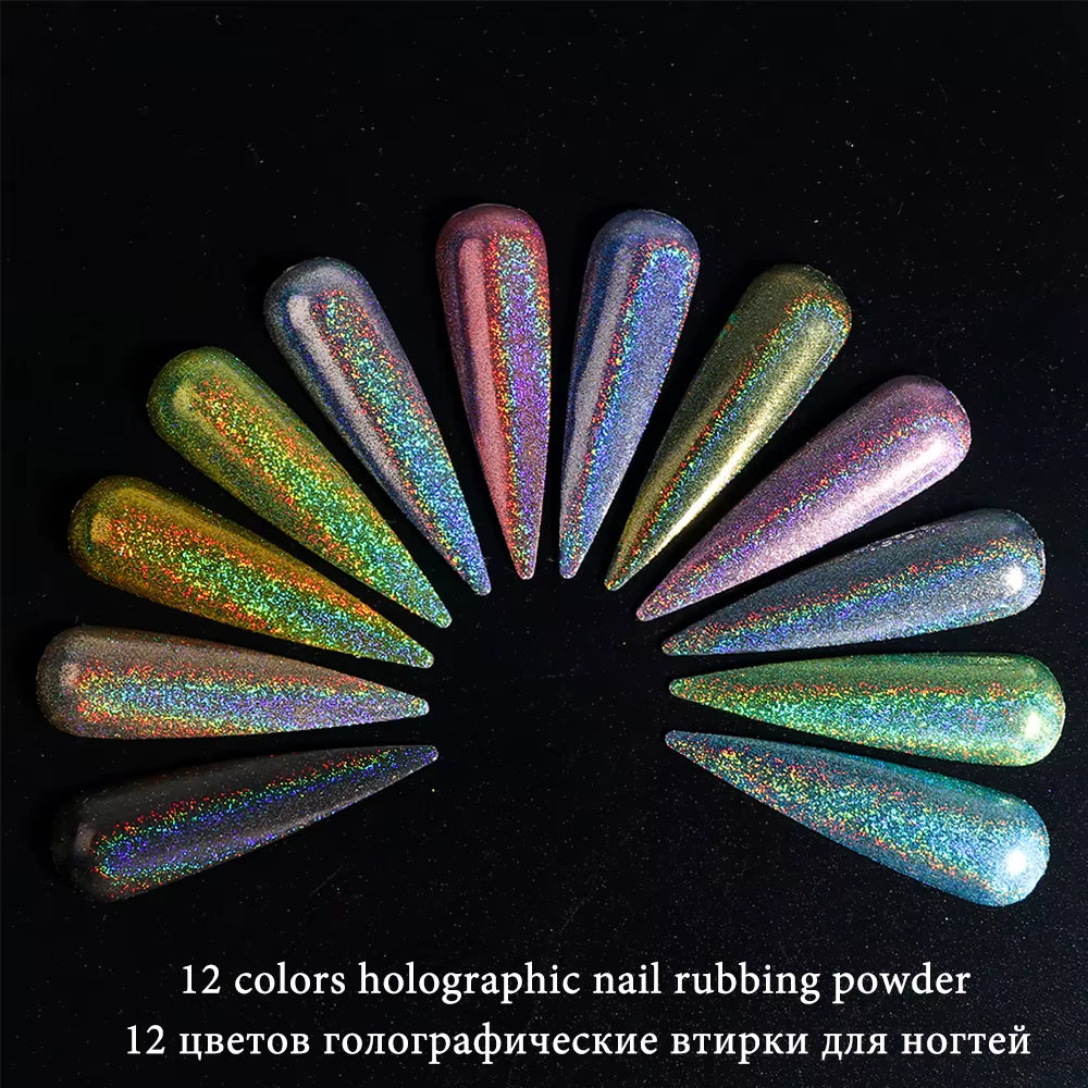 Holographic Powder Set Holo Silver Rub Dust Black Pink Chrome Nail Glitter Powder Laser Pigment for Nail DIY Manicure CHI-360-1