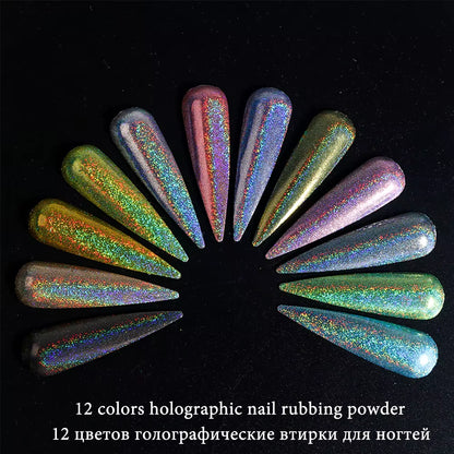 Holographic Powder Set Holo Silver Rub Dust Black Pink Chrome Nail Glitter Powder Laser Pigment for Nail DIY Manicure CHI-360-1