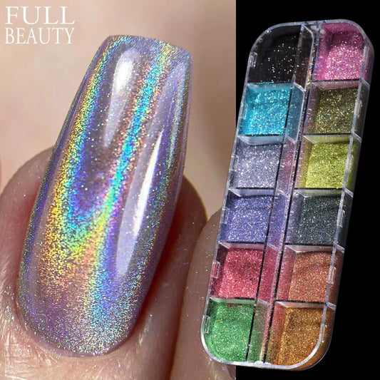 Holographic Powder Set Holo Silver Rub Dust Black Pink Chrome Nail Glitter Powder Laser Pigment for Nail DIY Manicure CHI-360-1