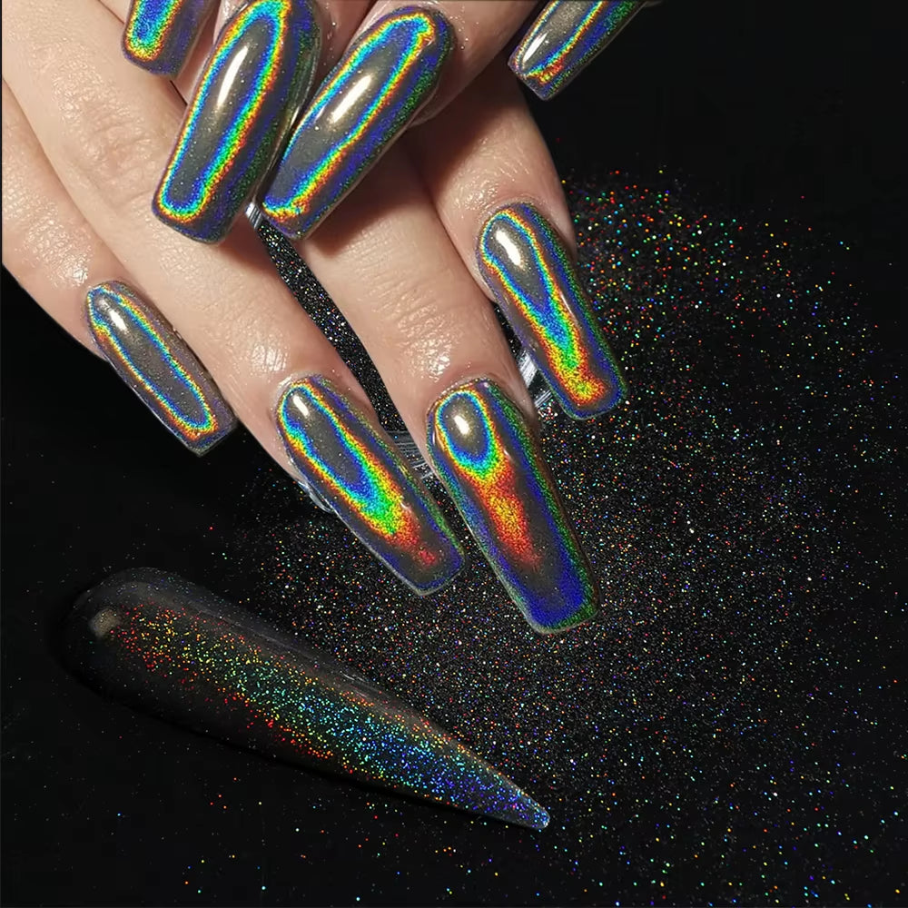 Holographic Powder Set Holo Silver Rub Dust Black Pink Chrome Nail Glitter Powder Laser Pigment for Nail DIY Manicure CHI-360-1